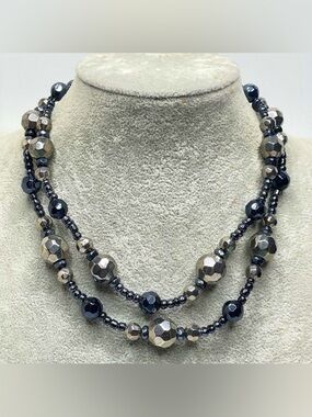 Vintage Robert Rose Necklace Black Silver Hematite Beaded 2 Layer Necklace Boho